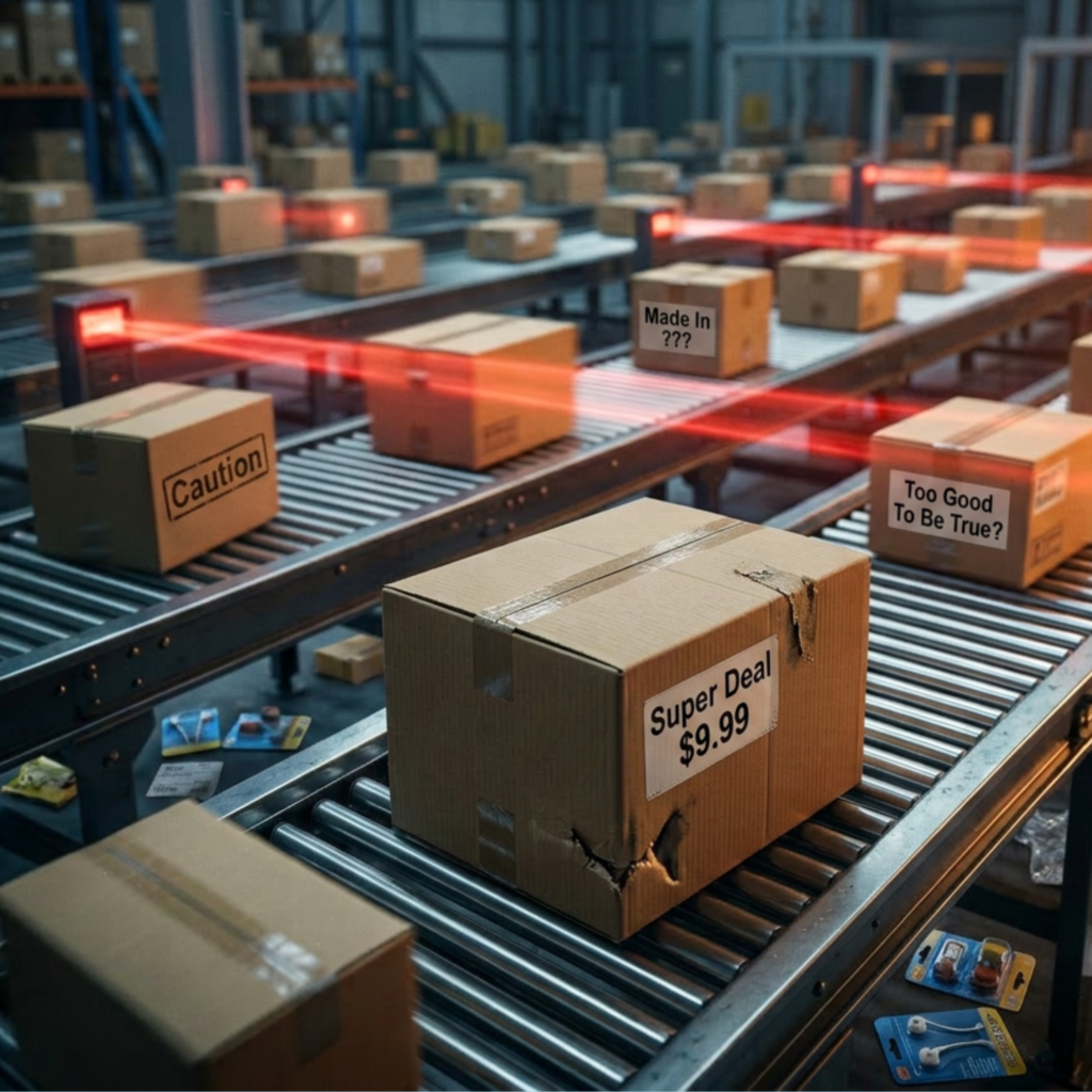 Picture of a messy warehouse where boxes are traveling along conveyer belts and products are scattered all over the floor.