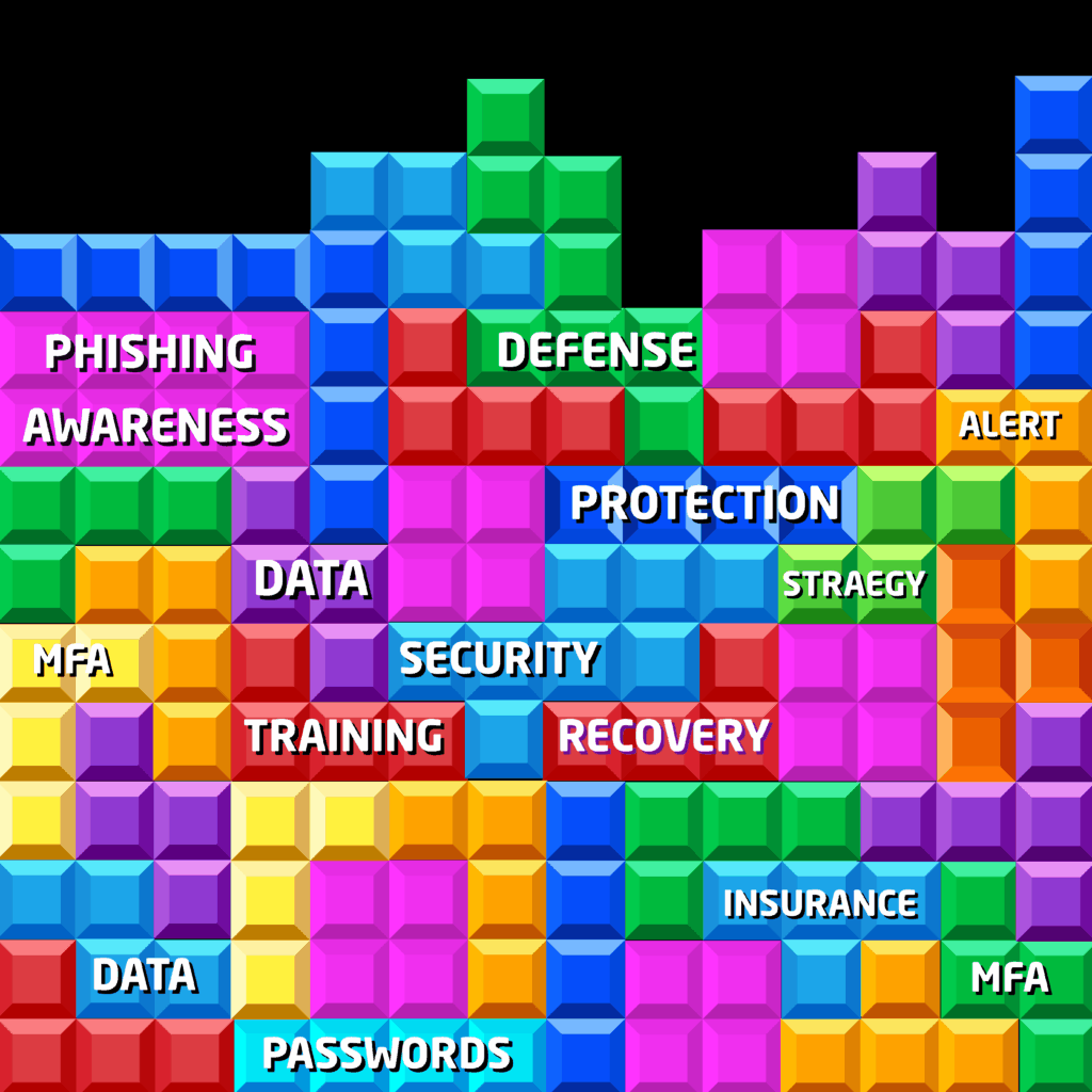 Tetris looking image with tech terms like passwords, MFA, Alert, Phishing awareness
