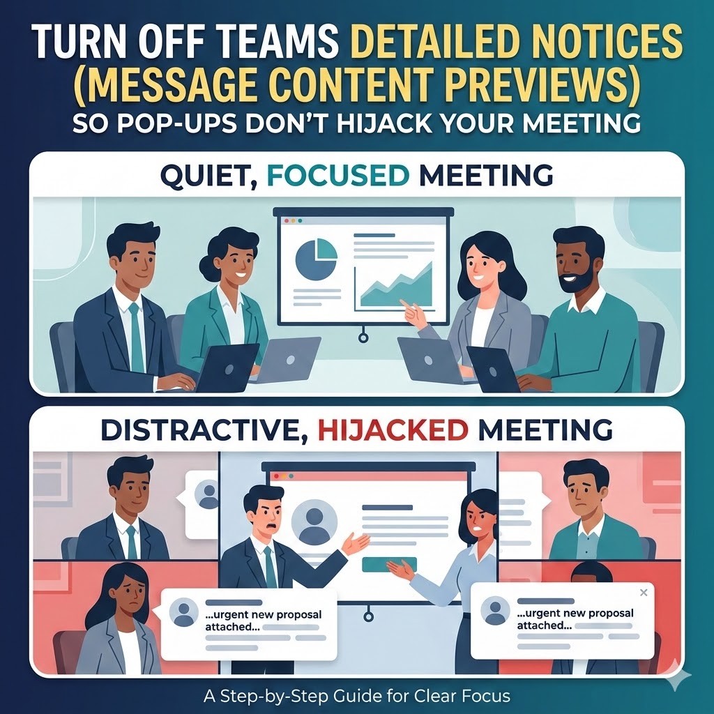 Turn off Teams detailed notices (message previews) to prevent pop-ups from interrupting meetings; illustration compares focused vs distracted meeting.