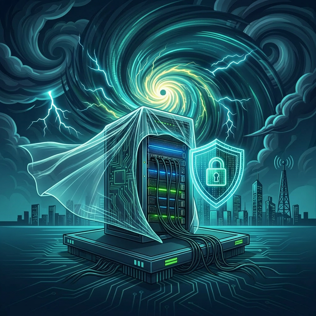 Illustration of a server tower wrapped in a translucent protective shield, standing on a circuit-board platform beneath a swirling storm of lightning, with a glowing padlock shield beside it and a city skyline in the background.